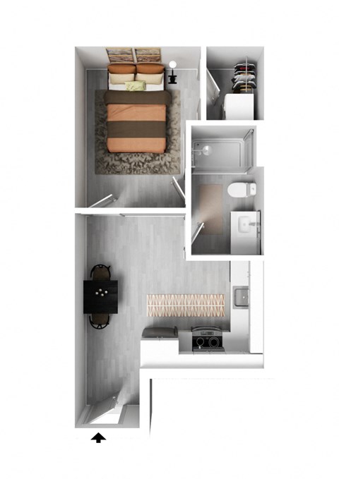 a stylized drawing of a bedroom with a closet and a bathroom